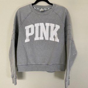 PINK, distressed gray long sleeve pullover crew neck sweater, size small